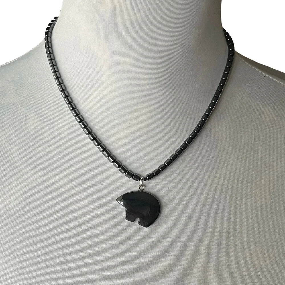 Hematite Bead Necklace and Bear Pendant